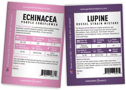 Gardeners Basics, Perennial Flower Seeds for Planting Outdoors (5 Variety Pack) Lupine, Columbine, Echinacea Purple Coneflower, Black Eyed Susan, Shasta Daisy for Pollinators Wildflower Seed