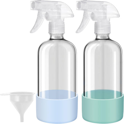 Glass Spray Bottles with Silicone Sleeves (2 Pack, 16 oz), Mist and Stream Empty Refillable Containers, Water Sprayer Misting Bottle for Cleaning Solutions, Planting, Hair Spraying, Green & Grey