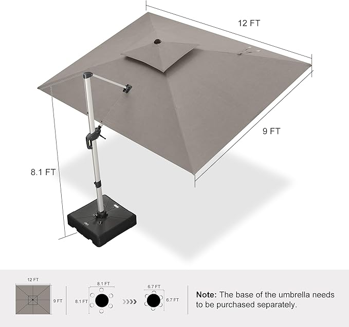 PURPLE LEAF 9' X 12' Cantilever Outdoor Patio Umbrella Large Heavy Duty 360° Rotation Double Top Offset Rectangular Umbrellas for Backyard Deck Pool, Cast Ash
