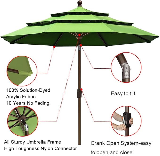 EliteShade USA 10-Year-Non-Fading 9Ft 3 Tiers Market Umbrella Patio Umbrella Outdoor Table Umbrella with Ventilation, Macaw Green