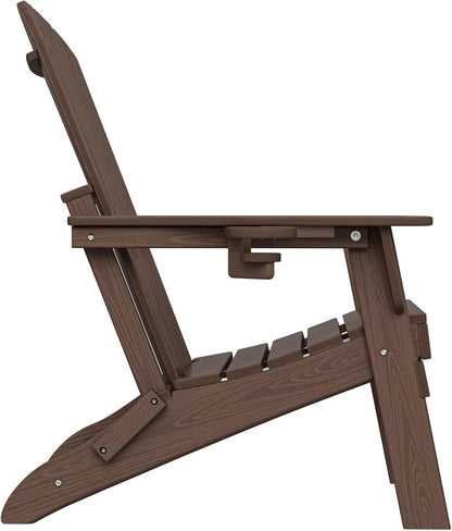 Folding Adirondack Chair with Cup Holder, HDPE Patio Chairs, All-Weather Outdoor Chairs for Backyard, Deck, Fire Pit-Coffee