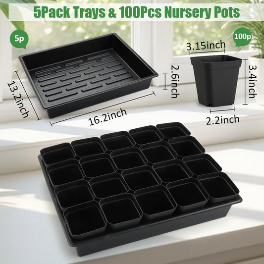 3.15 inch (8CM) Square Nursery Pots 100 pcs, Sturdy Seedlings Trays 5 Pcs, Seeds Starter Germination Tray, Microgreening Planter Nursery Propagation 5 Sets