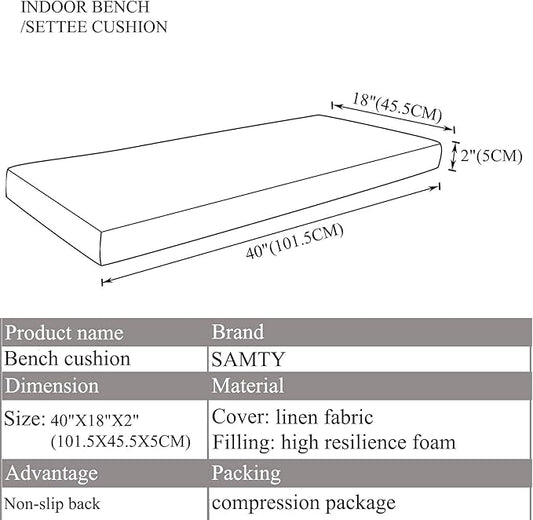 Khaki Bench seat Chair Pads Non-Slip Rubber Back Indoor Swing /Settee Cushion 40'' x 18'' x 2'' (101.6 x 45.7 x 5.08cm)