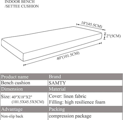 SAMTY Grey Bench seat Chair Pads Non-Slip Rubber Back Indoor Swing /Settee Cushion 40'X18'X2'(101.5X45.5X5CM)