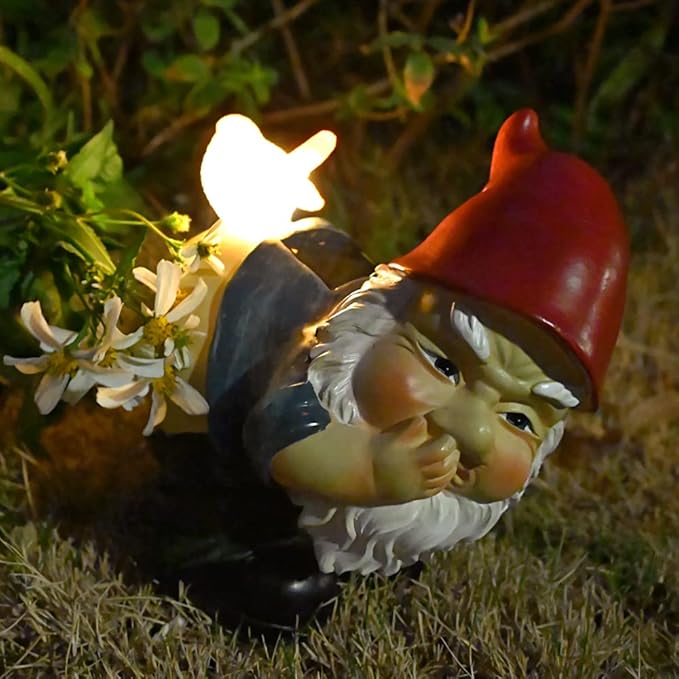 Funny Garden Gnomes Decor Yard Statue Solar Powered Knomes Figurines Light Naughty Sculpture Outside Decoration Lawn Ornament for Dad Grandpa Man