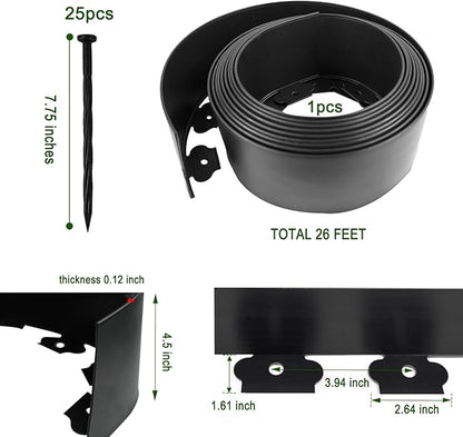 Hugeleaf 26 Feet Landscape Edging with 25pcs Spikes 4.5 Inch Tall Garden Edging for Landscaping, Garden, Flower Beds, Lawn (Black)