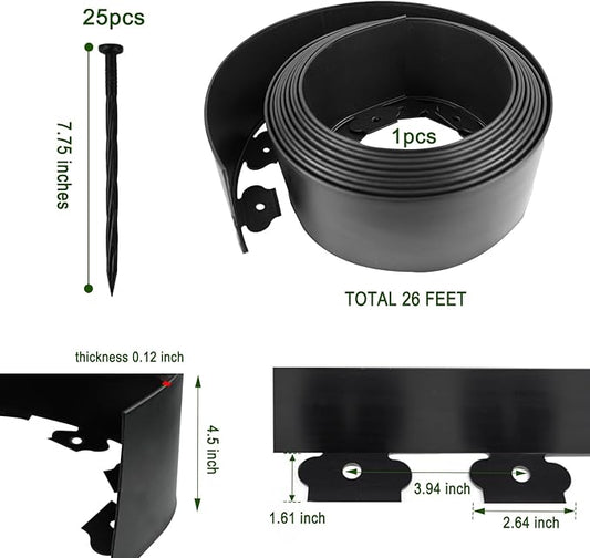 Hugeleaf 26 Feet Landscape Edging with 25pcs Spikes 4.5 Inch Tall Garden Edging for Landscaping, Garden, Flower Beds, Lawn (Black)