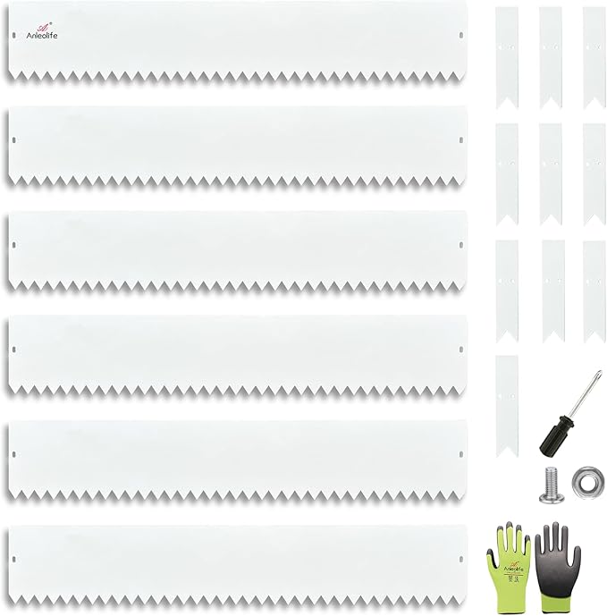 A ANLEOLIFE 6 Pack 40" LX 8" H Galvanized Steel Garden Landscape Edging, Bendable Hammer-in Metal Lawn Border with Gloves and 10 Stakes (20FT Total) (8 inch Tall, Antique White)