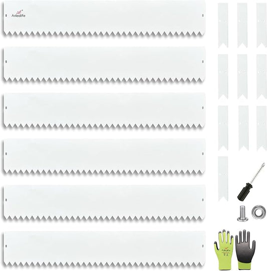 A ANLEOLIFE 6 Pack 40" LX 8" H Galvanized Steel Garden Landscape Edging, Bendable Hammer-in Metal Lawn Border with Gloves and 10 Stakes (20FT Total) (8 inch Tall, Antique White)