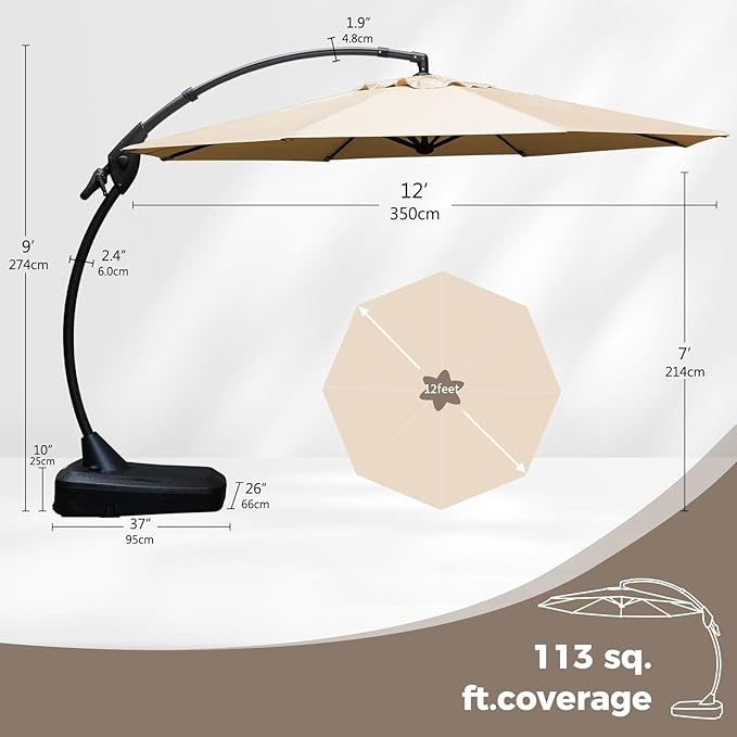 Grand patio 12 FT Sunbrella Outdoor Cantilever Umbrella with Base Patio Large Aluminum Offset Umbrella for Deck Yard (Flax-SUNBRELLA, 12 FT)