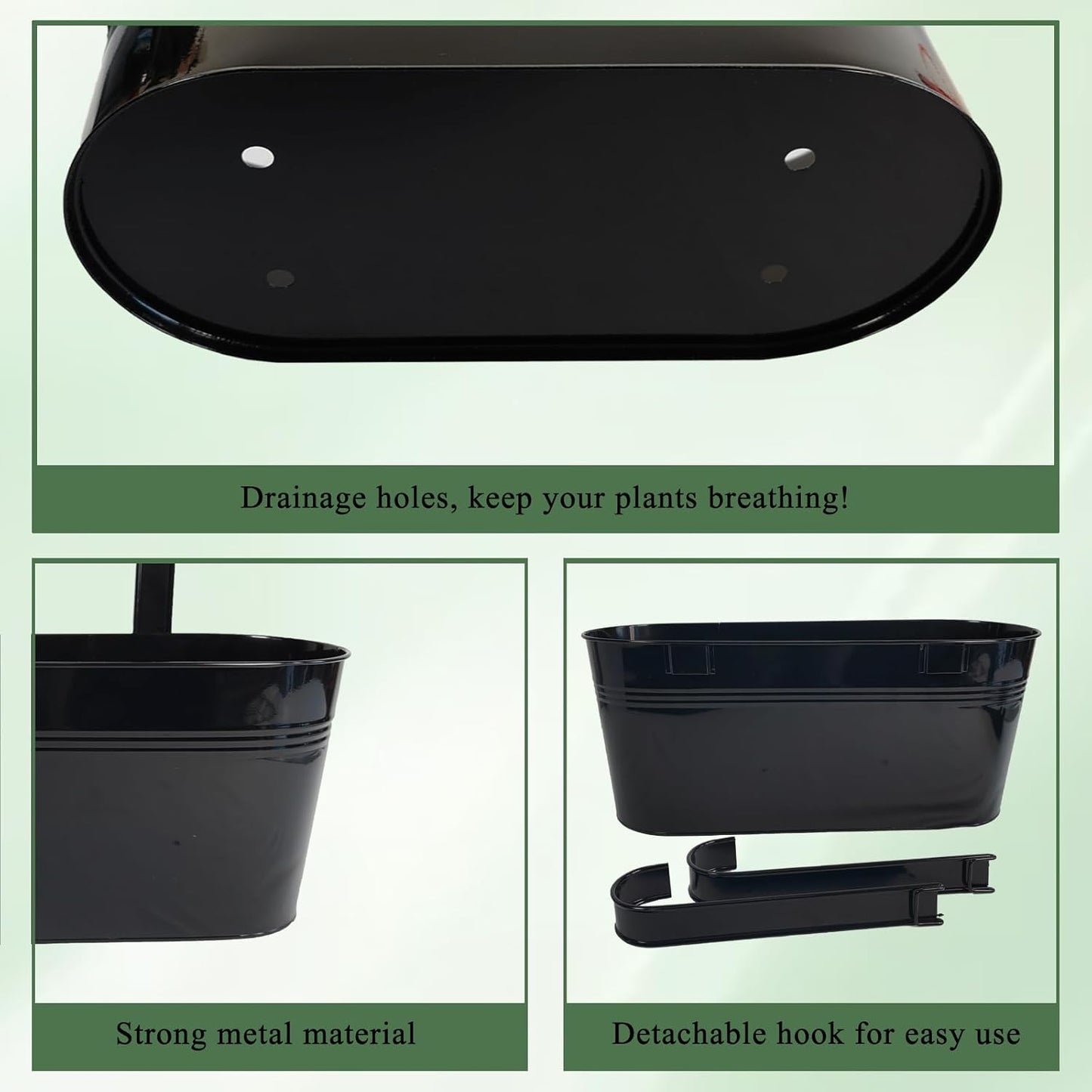 Hanging Planters for Outdoor Plants, 17" Railing Planter Pots, Metal Fence Flower Pot for Porch Balcony with Detachable Hookt (Black, Pack of 8)