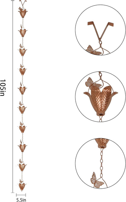 Topadorn 8.7 FT Rain Chain Iron Butterfly Gutter Chains with 10 Rain Collector Thick Iron Flower Cups Garden Decoration