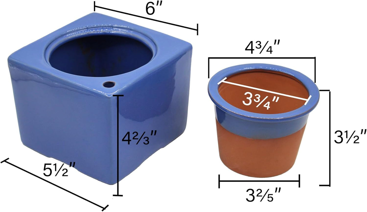 2-Pack Ceramic African Violet Self Watering Pot 6 Inch Square Pot 3.5 Inch Innter Pot Easy Fill Water Reservoir Blue