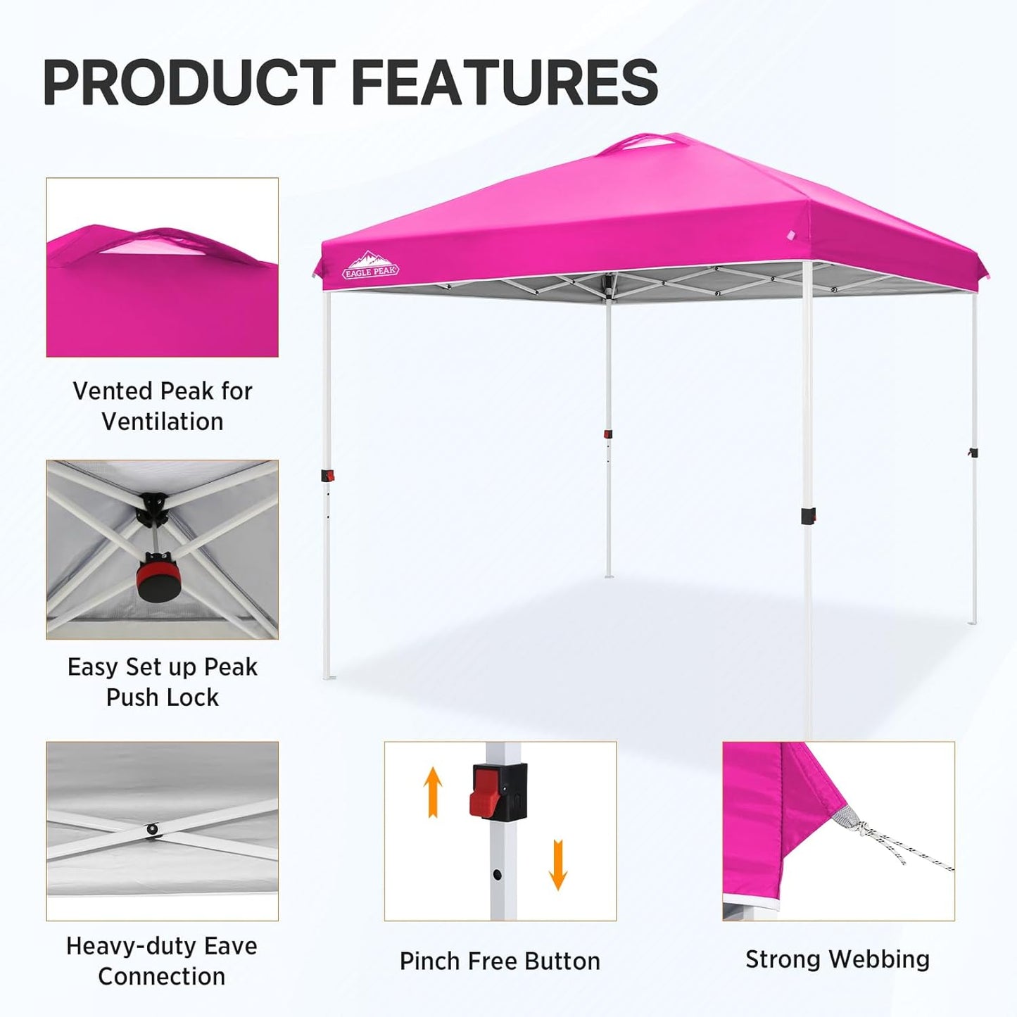 EAGLE PEAK Pop Up Canopy Tent with Wheeled Carry Bag, 8 Stakes, 4 Ropes, Easy Set Up Tent Canopy, 8x8 ft, Pink