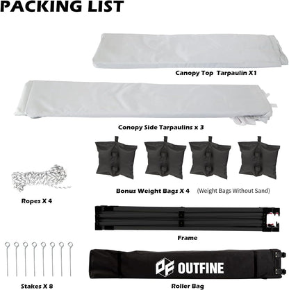 OUTFINE Heavy Duty Canopy 10x10 Pop Up Commercial Canopy Tent with 3 Side Walls Instant Shade, Bonus Upgrade Roller Bag, 4 Weight Bags, Stakes and Ropes (White, 10 * 10FT)