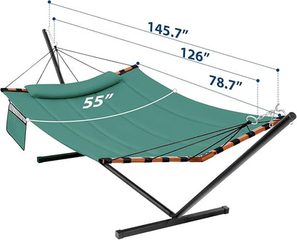 TegerDeger 12FT 2 Person Hammock with Stand Included 55 x 79IN Large Hammock 450LB Capacity with Hardwood Spreader Bar & Nylon Rope for Outside, Patio, Garden, Backyard, Beach, Poolside - Lake Blue