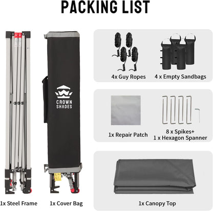 CROWN SHADES 8x8 Pop Up Canopy - Beach Tent with One Push Setup - Easy Outdoor Sun Shade for Events, Parties, Camping - Gazebo with STO-N-Go Cover Bag, Silver Coated Top,Grid Grey