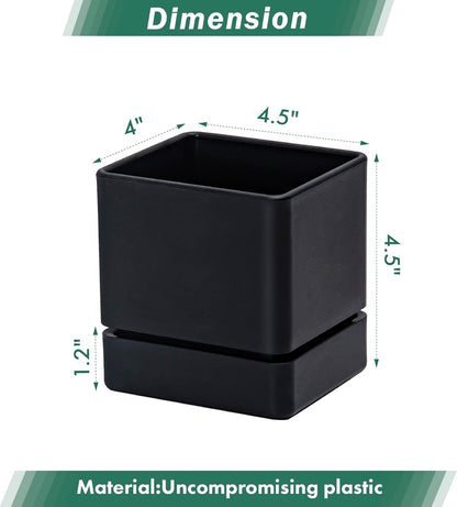 4 Inch Herb Planter Pot, Plastic Planter with Drainage Holes and Saucer, Modern Decorative Gardening Pot for Indoor Plants, Flowers, Herbs, Succulents, Black, Set of 4, 76-Y-B-4