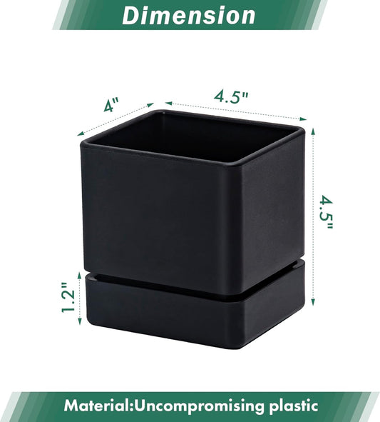 4 Inch Herb Planter Pot, Plastic Planter with Drainage Holes and Saucer, Modern Decorative Gardening Pot for Indoor Plants, Flowers, Herbs, Succulents, Black, Set of 4, 76-Y-B-4