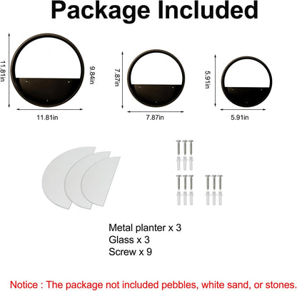 3 Pack Set Wall Planters,Modern Round Glass Wall Planter Succulent Planter Circle Iron Hanging Planter Vase for Herb,Small Cactus Perfect for Balcony, Room and Patio Decor (Black)