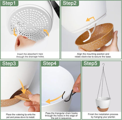 3 Pack Hanging Planter Indoor Outdoor Flower Pots 7/6.5/5 Inch, Self-Watering Hanging Pot with Drainage Holes Hanging Baskets Holder Plant Pots for Garden (White)