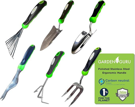 Garden Guru Garden Tool Set 6pc Hand Trowel Transplanter Weeder Fork Rake Cultivator – Heavy Duty Stainless Steel - Ergonomic Comfort Grip Handle – Perfect Gardening Tool Kit Gifts for Women and Men