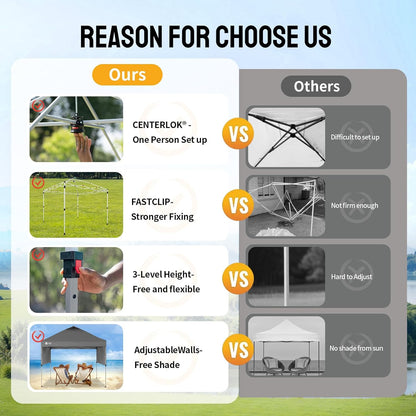 CROWN SHADES 10x10 Pop up Canopy Tent Instant Canopy with 150D Silver Coated Fabric Including 2 Half Sidewalls, 4 Ropes, 8 Stakes, 4 Weight Bags, STO 'N Go Bag, Grey