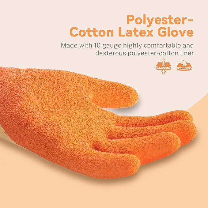 ANDANDA 1/3/12 Pairs Safety Work Gloves, Seamless Knit Work Gloves with Latex Coated Suitable for Men & Women, Orange