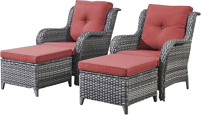 Rilyson Outdoor Patio Furniture Chairs Set - 4 Piece Wicker Rattan Patio Sectional Conversation Sets with 2 Chairs and 2 Ottomans for Porch Deck Balcony Garden(Mixed Grey/Red)