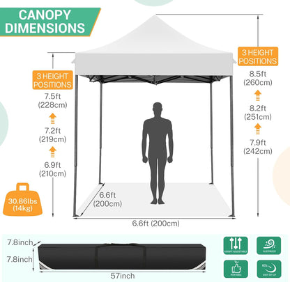 COBIZI 6.6x6.6 Pop up Canopy Tent Heavy Duty Without Sidewalls, Easy Set-up Commercial Outdoor Party Tent, 100% Waterproof Wedding Gazebo, 3 Height Adjustable with Carry Bag, White