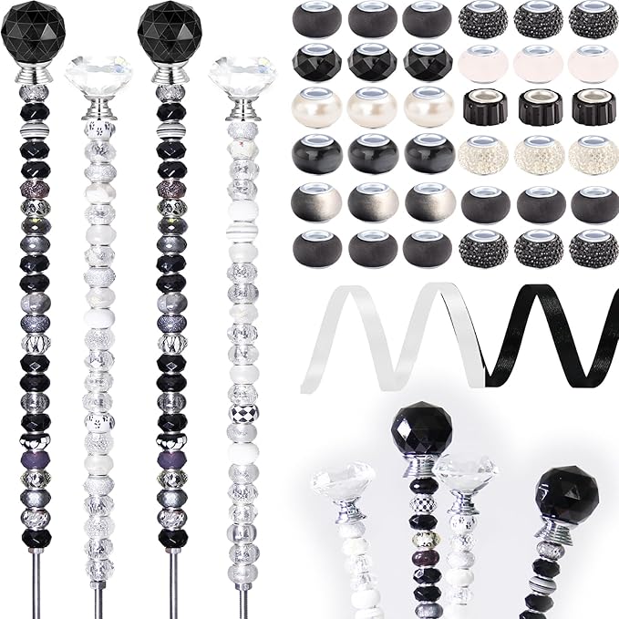 119 Pcs Garden Stake DIY Fairy Wand Plant Stake with Black White Large Hole Beads Crystal Diamond Stopper Top 4 Stainless Steel Threaded Rod Beaded Garden Stakes for Outdoor Indoor Yard Decorations