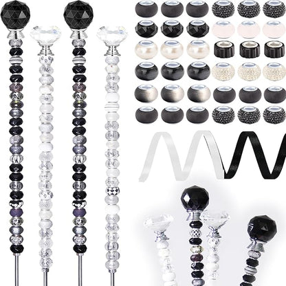 119 Pcs Garden Stake DIY Fairy Wand Plant Stake with Black White Large Hole Beads Crystal Diamond Stopper Top 4 Stainless Steel Threaded Rod Beaded Garden Stakes for Outdoor Indoor Yard Decorations