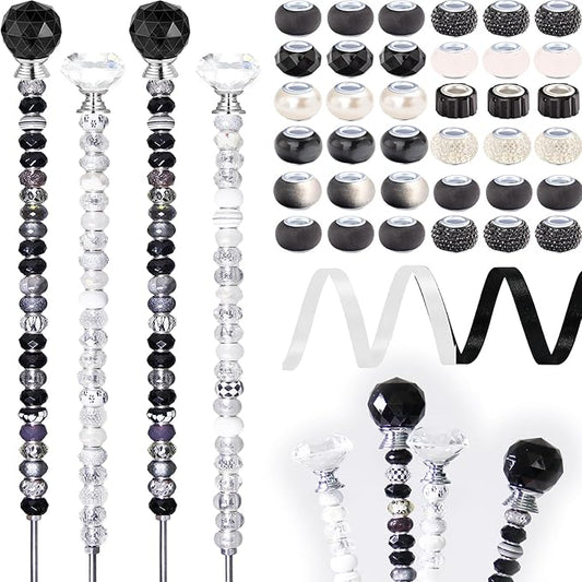 119 Pcs Garden Stake DIY Fairy Wand Plant Stake with Black White Large Hole Beads Crystal Diamond Stopper Top 4 Stainless Steel Threaded Rod Beaded Garden Stakes for Outdoor Indoor Yard Decorations