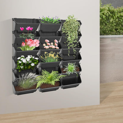 Eapmic Vertical Wall Planter with 18 Pots, Hanging Garden Plant Flowerpot Holder, Stackable Wall-Mounted Planter, Balcony Planters for Flowers Vegetables Fruits (Black, 18 Pots)