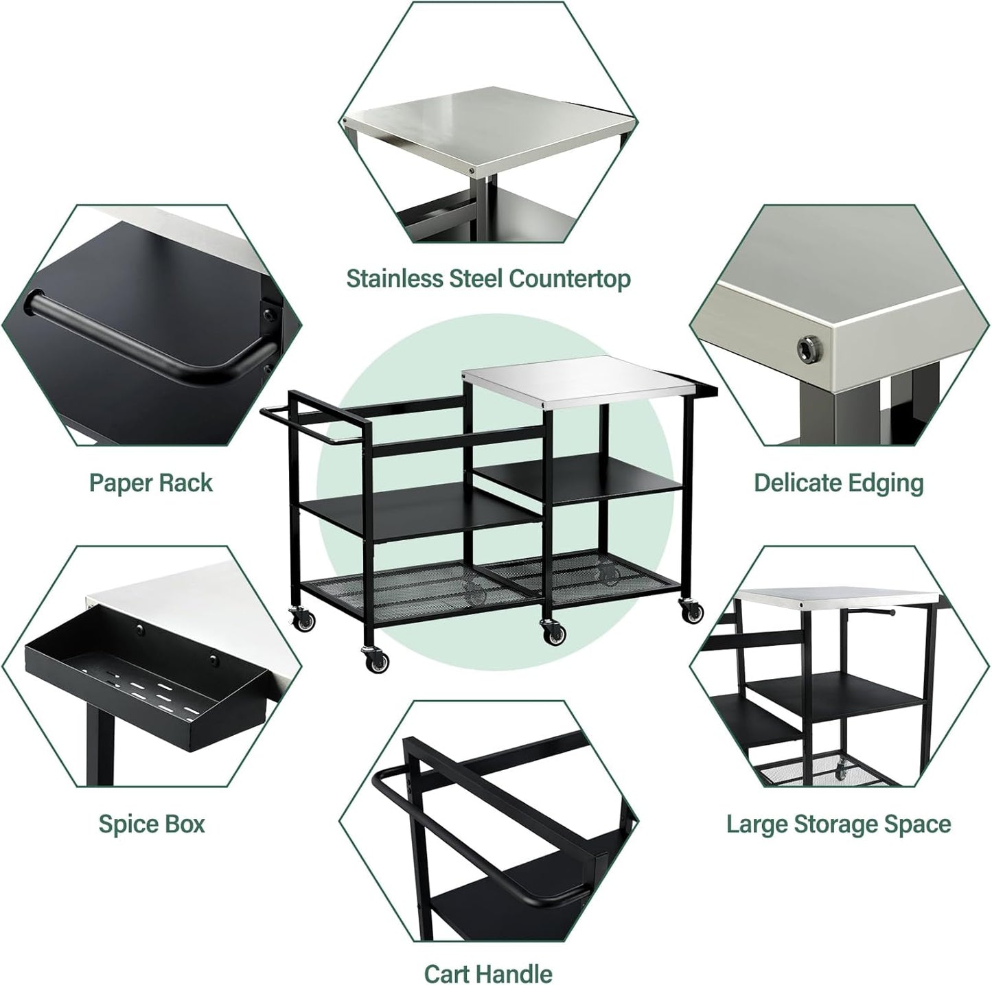 TC-HOMENY Grill Table for Big Green Egg Stand, Metal Cooking Table Stand with Wheels, Heavy Duty Outdoor Movable Style BBQ Grill Cart, Grill Holder Compatible with Large Big Green Egg and Other Models