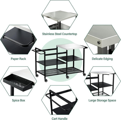 TC-HOMENY Grill Table for Big Green Egg Stand, Metal Cooking Table Stand with Wheels, Heavy Duty Outdoor Movable Style BBQ Grill Cart, Grill Holder Compatible with Large Big Green Egg and Other Models