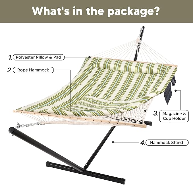 SUNCREAT Cotton Rope Hammock for Two People with Hardwood Spreader Bars, Quilted Fabric Pad & Detachable Pillow, Extra Large Hammock with 12 FT Steel Stand, Ipad Bag & Cup Holder, Green&Beige