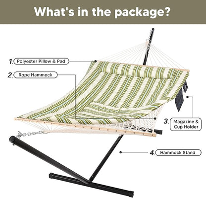 SUNCREAT Cotton Rope Hammock for Two People with Hardwood Spreader Bars, Quilted Fabric Pad & Detachable Pillow, Extra Large Hammock with 12 FT Steel Stand, Ipad Bag & Cup Holder, Green&Beige