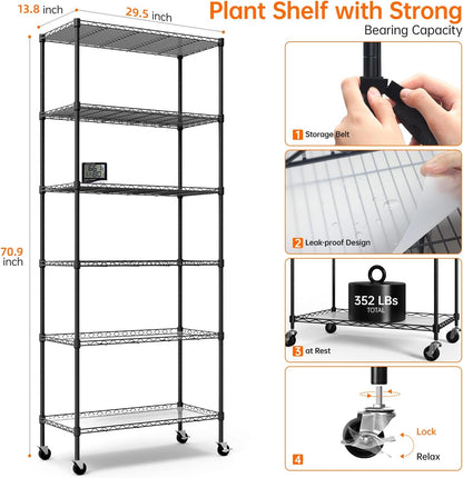 Plant Shelf with Grow Light, Grow Light Shelf with Cover and Thermometer, 6 Tier Plant Stand with Grow Light , Greenhouse with 150W Led Grow Light For Seed Starting , Tray (29.5"L×13.8"W×70"H)