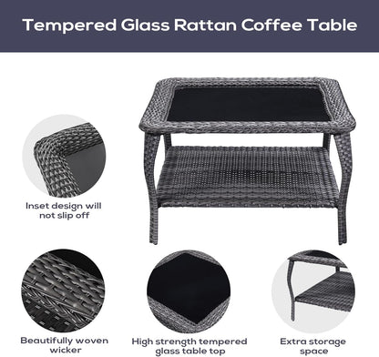 Outdoor Furniture Sectional Sofa L Shaped Couch - Patio Wicker Furniture Set with Coffee Table, 3 Piece Rattan Patio Conversation Sets with Blue Cushion for Deck Backyard Sunroom