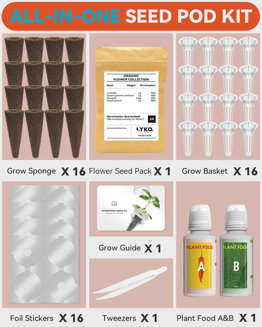 LYKOCLEAN 16 Pods Flower Seed Kit Compatible with AeroGarden Hydroponics Growing System, Indoor Garden Starter Set with Lavender, Sunflower, Petunia and Marigold