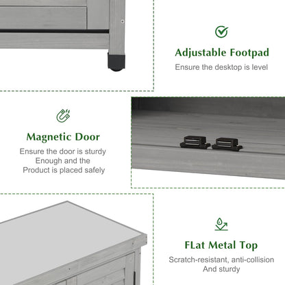 Outdoor Storage Cabinet & Potting Bench Table with Metal Top, Wooden Patio Furniture, Garden Workstation (Accent Grey, 36x31x17in)