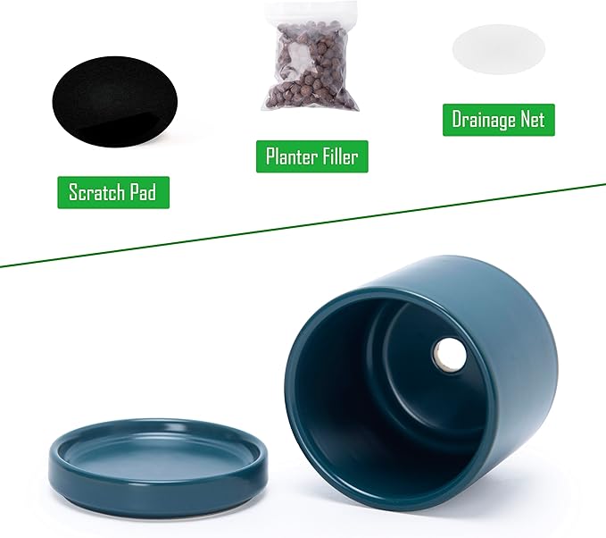 D'vine Dev 3.5 Inch Ceramic Planter Pot with Drainage Hole and Saucer, Indoor Cylinder Round Planter Pot, Teal, 94-O-A-9