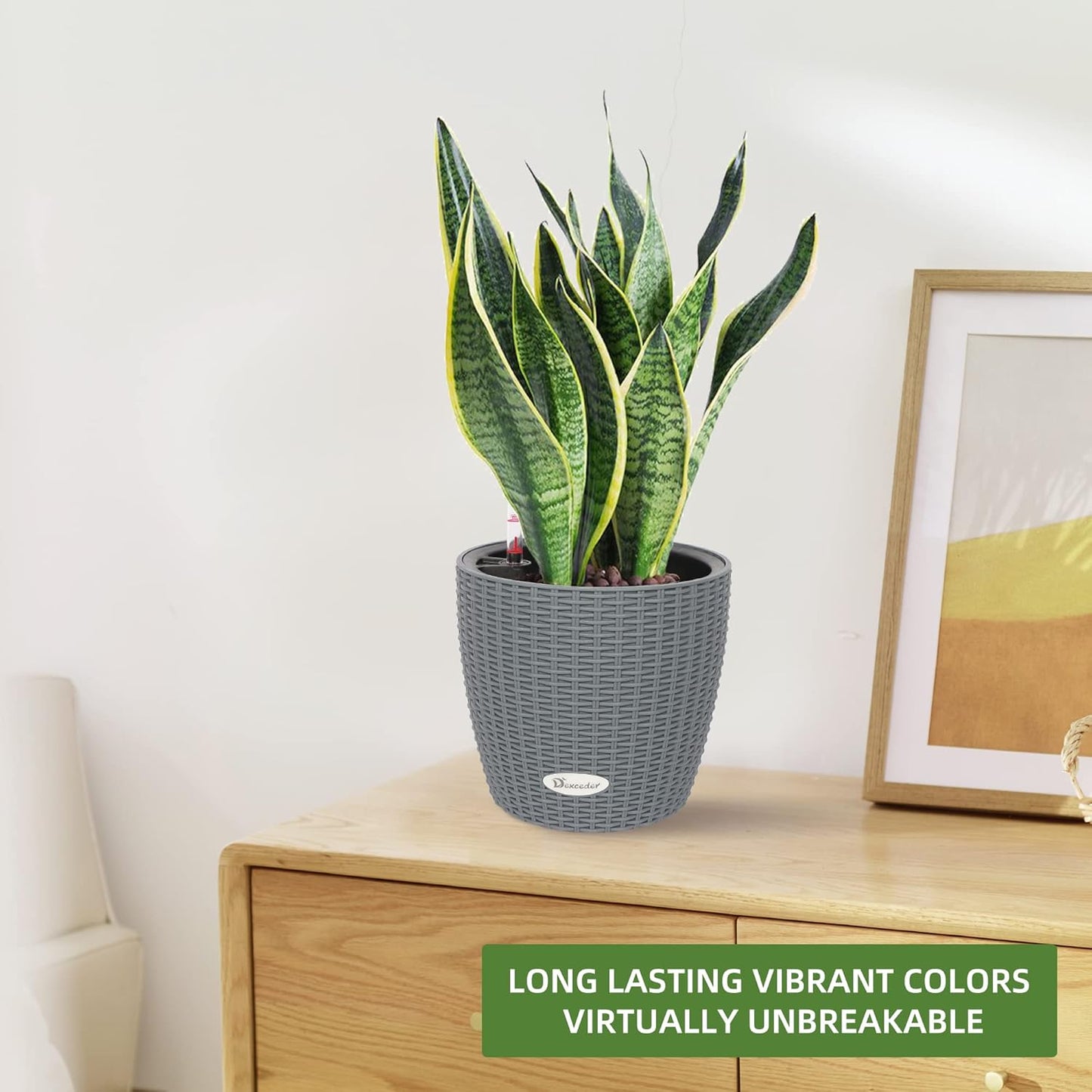 Dexceder 9x8 Inches Rattan Self Watering Planter Indoor Outdoor, Inner Pot Design, Thickened Table Flower Plant Pot with Water Level Indicator (Deep Gray)