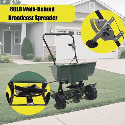 80LB Walk-Behind Broadcast Spreader for Seed,Fertilizer,Salt,Ice Melt, Fertilizer Spreader with Adjustable Drop Rate, Seed Spreaders for Lawns