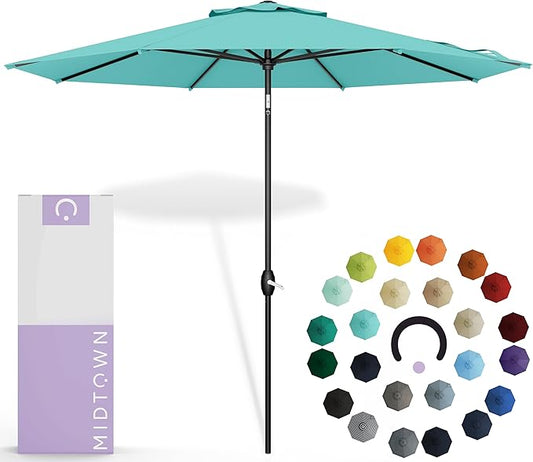 Midtown Umbrellas Sunbrella Umbrella 9 Feet Outdoor Umbrella With Sunbrella Aruba Acrylic Fabric - Auto-Tilt Aluminum Frame Patio Umbrella For Backyard, Deck, Garden, Pool - Black Pole