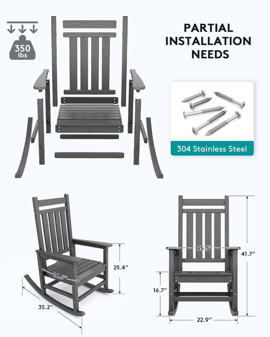 SERWALL Outdoor Rocking Chair Set of 4, HDPE Rocking Chairs for Adult, All Weather Porch Rockers for Lawn Garden, Grey