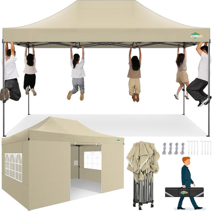 COBIZI 10x15 Heavy Duty Pop up Canopy Tent with 4 sidewalls Commercial Outdoor Canopy Wedding Party Tents for Wedding All Season Wind & Waterproof Gazebo with Carry Bag, Khaki(Frame Thickened)