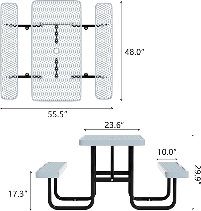 48'' Rectangular Steel Picnic Table for Outdoors,Commercial Metal Picnic Table Bench Set with Umbrella Hole,School Canteen Table W/Seats - Heavy Duty Sturdy Picnic Tables for Patio Garden