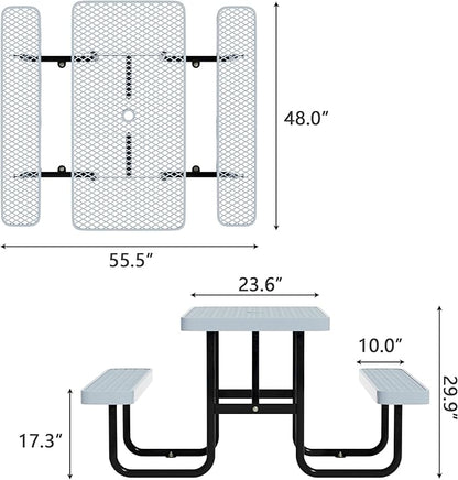 48'' Rectangular Steel Picnic Table for Outdoors,Commercial Metal Picnic Table Bench Set with Umbrella Hole,School Canteen Table W/Seats - Heavy Duty Sturdy Picnic Tables for Patio Garden